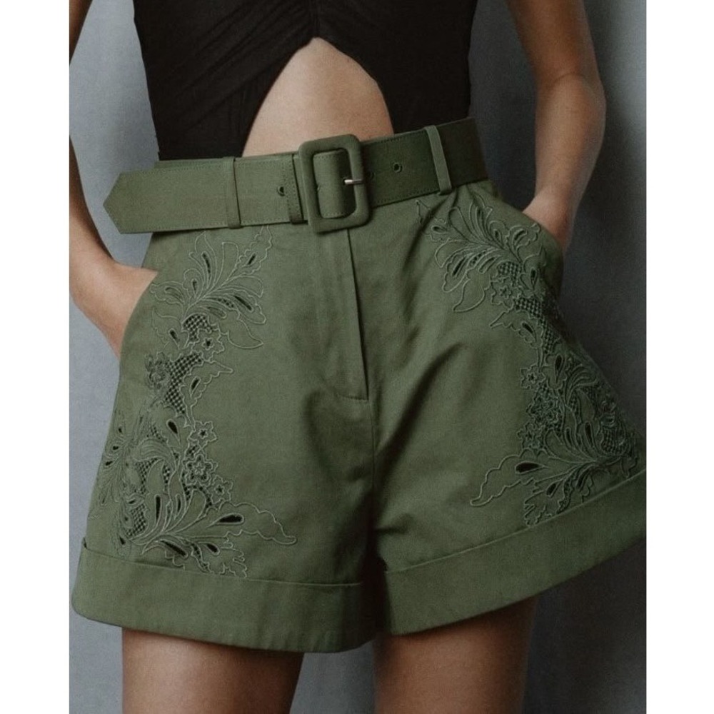 Self-portrait Khaki Green Embroidered Belted Cotton Shorts Size 0
